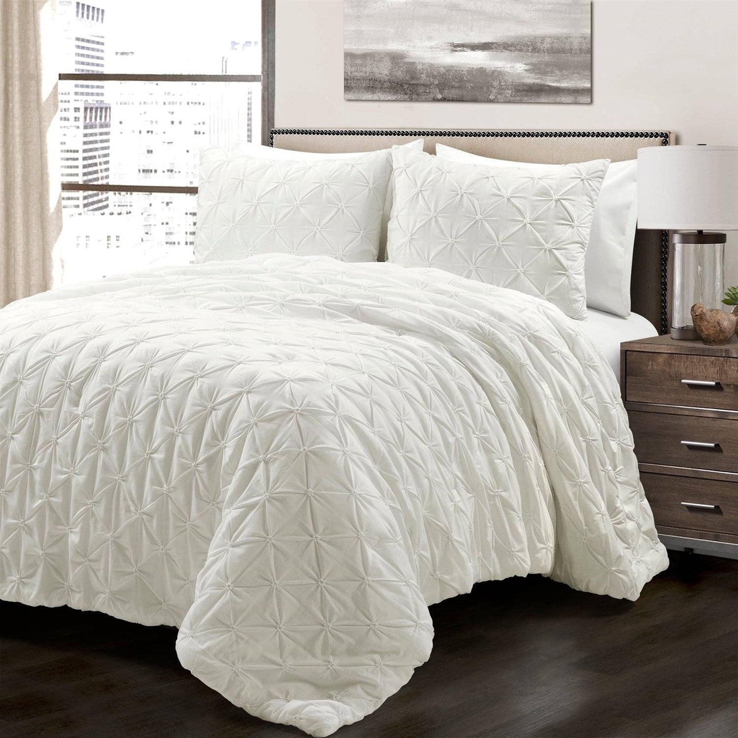 King Size Soft Pleated Cotton 3 Piece Comforter Set White-0