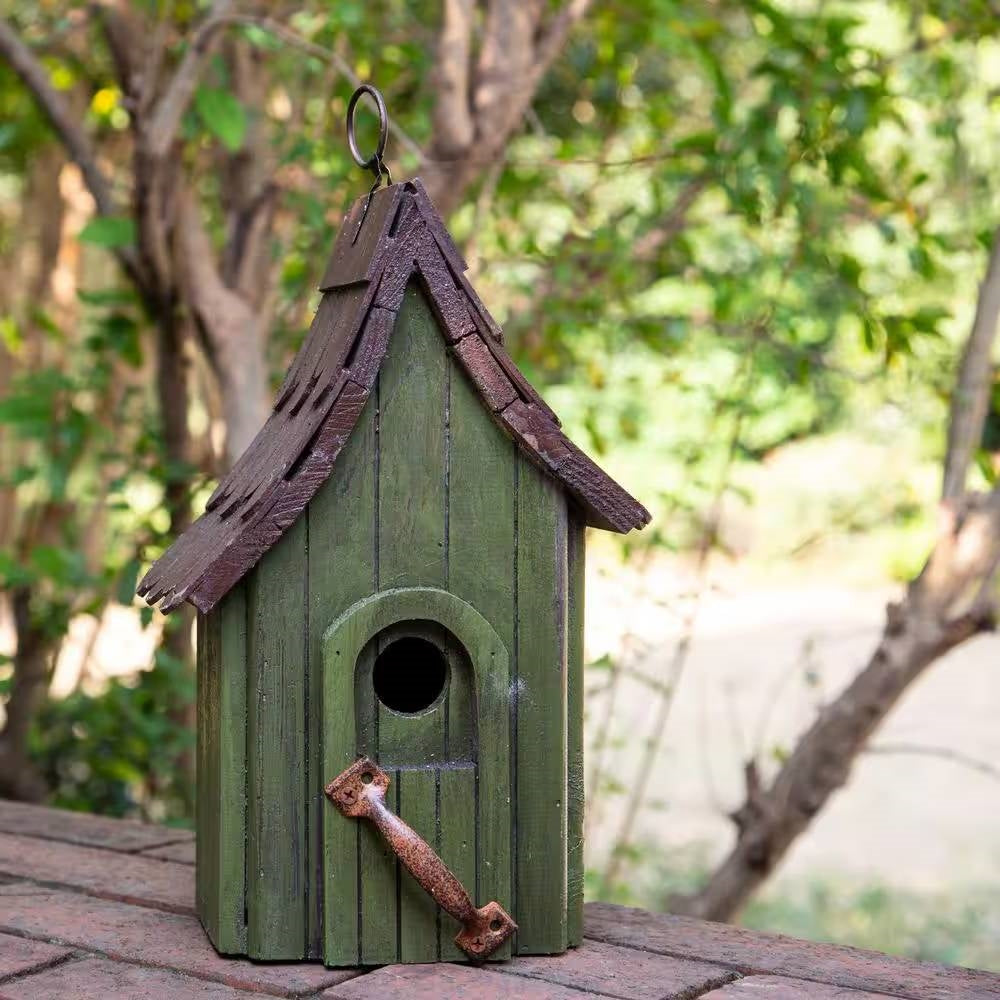 Dark Green Wood Hanging Bird House for Outdoor Garden Deck Patio Tree-2