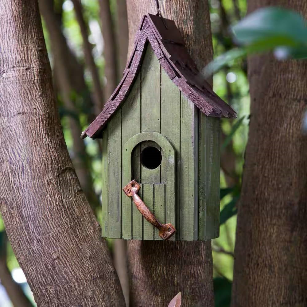 Dark Green Wood Hanging Bird House for Outdoor Garden Deck Patio Tree-3