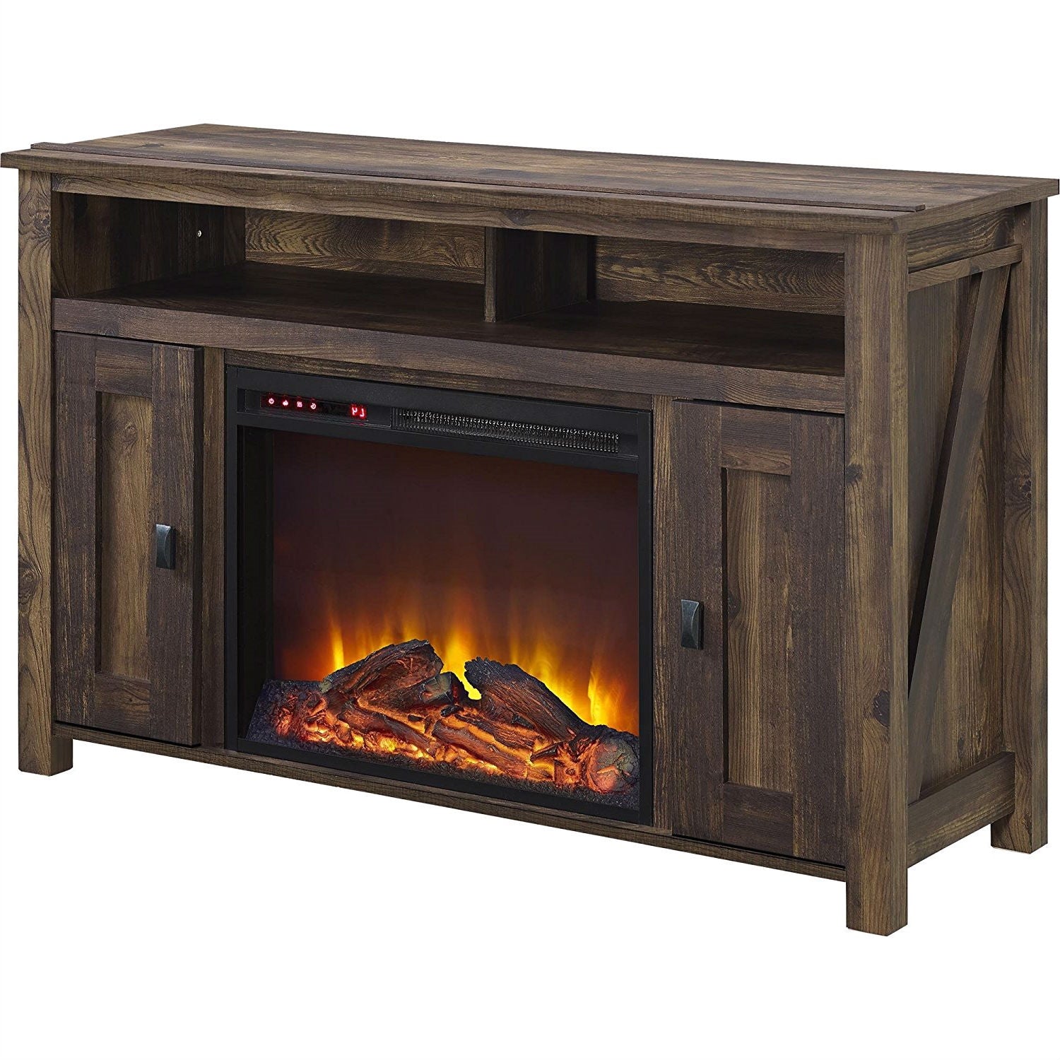 50-inch TV Stand in Medium Brown Wood with 1,500 Watt Electric Fireplace-0