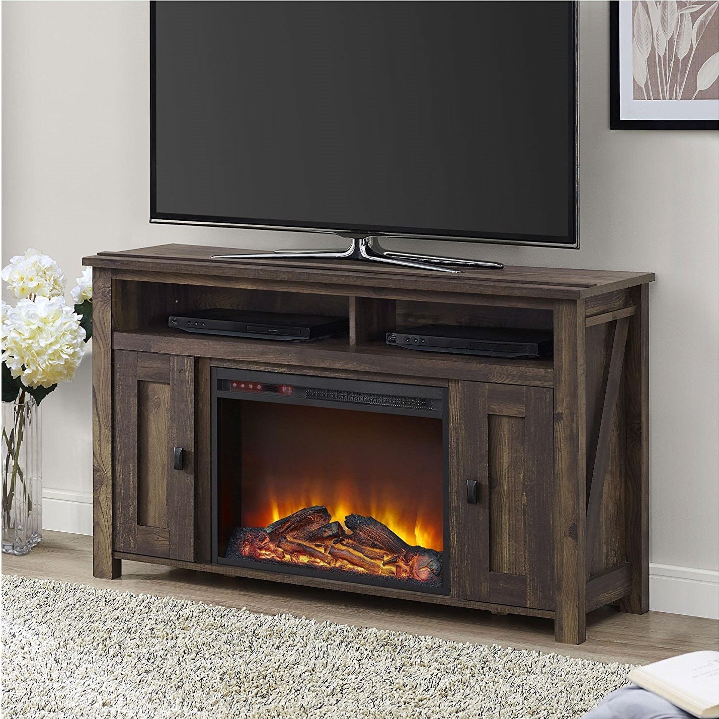 50-inch TV Stand in Medium Brown Wood with 1,500 Watt Electric Fireplace-1