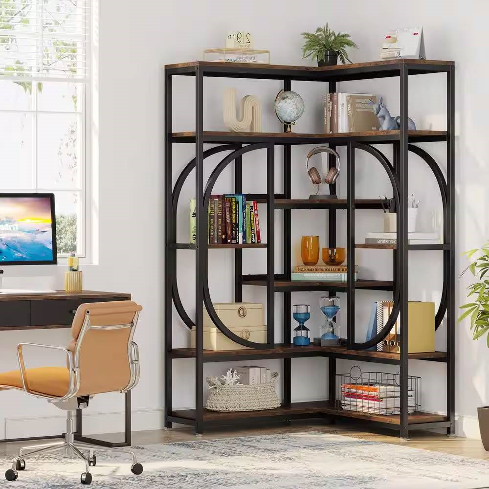 67-inch Tall Modern Industrial Metal Wood Corner Bookcase-1