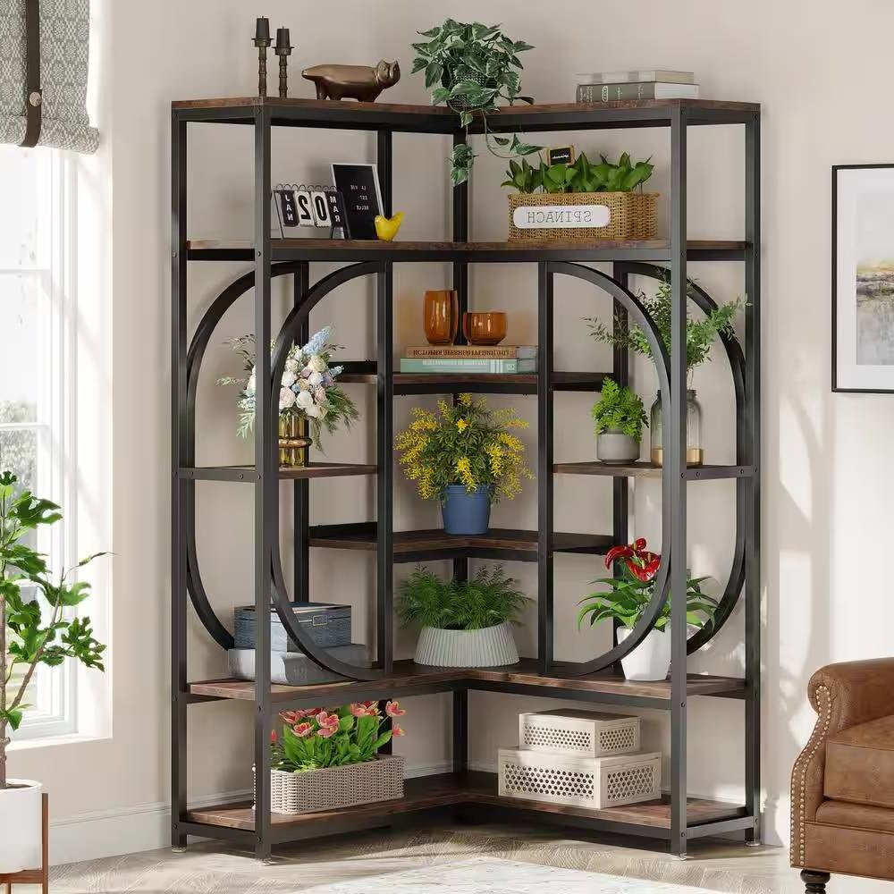 67-inch Tall Modern Industrial Metal Wood Corner Bookcase-2