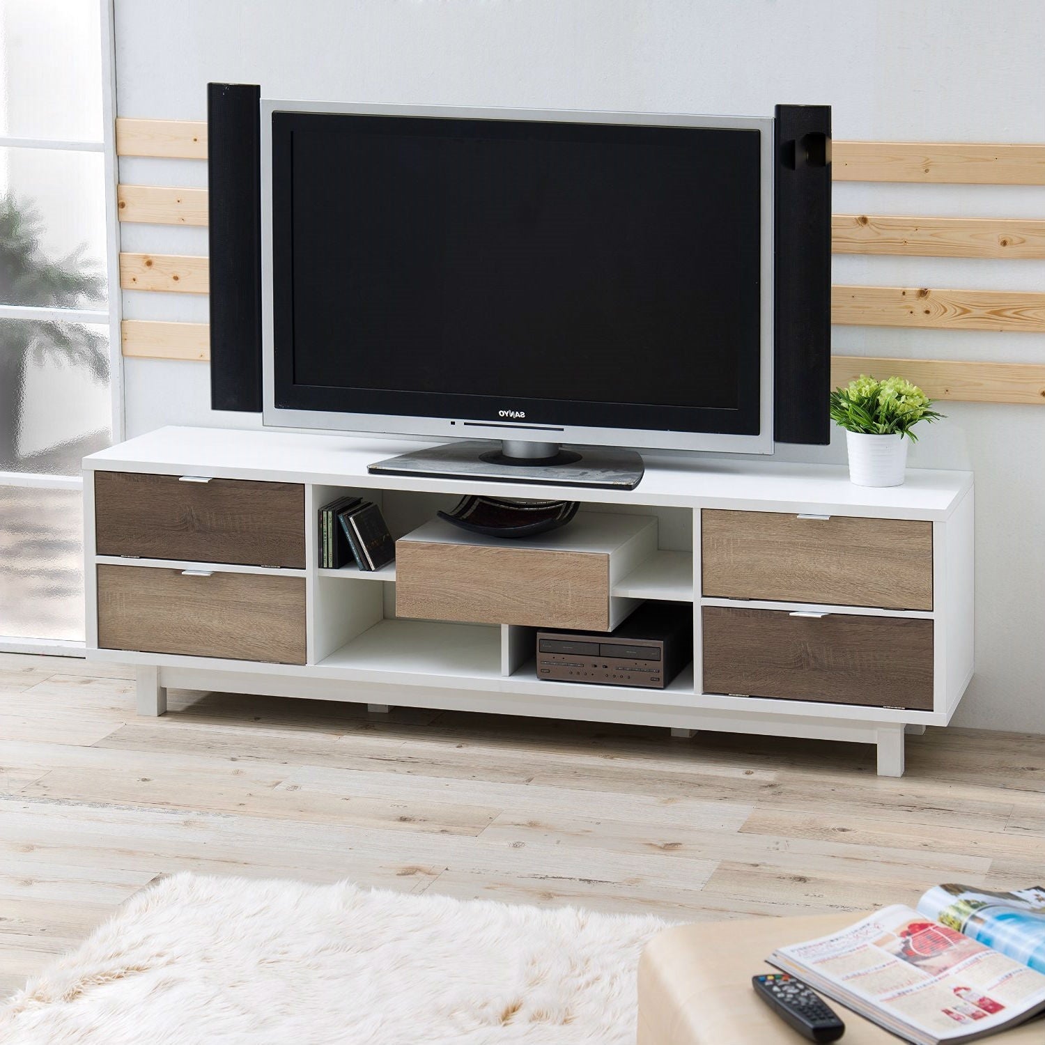 Modern 70-inch White TV Stand Entertainment Center with Natural Wood Accents-0