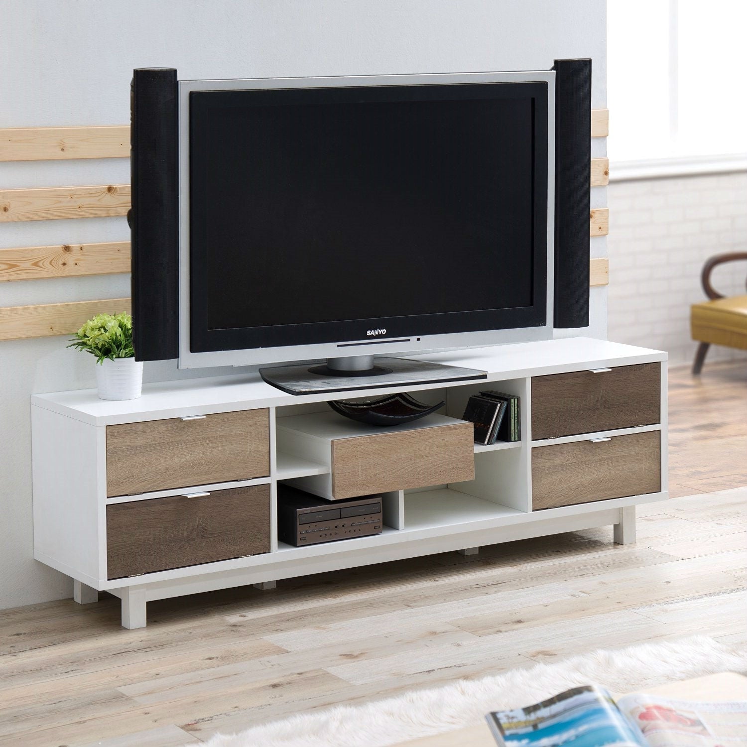 Modern 70-inch White TV Stand Entertainment Center with Natural Wood Accents-2