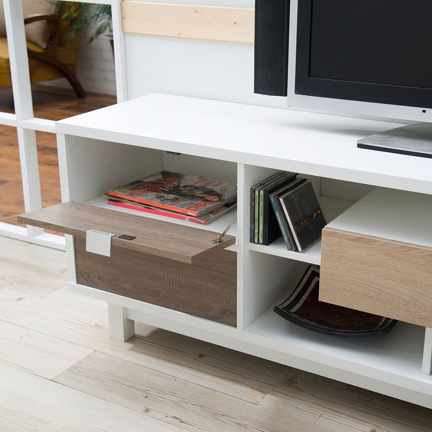 Modern 70-inch White TV Stand Entertainment Center with Natural Wood Accents-3