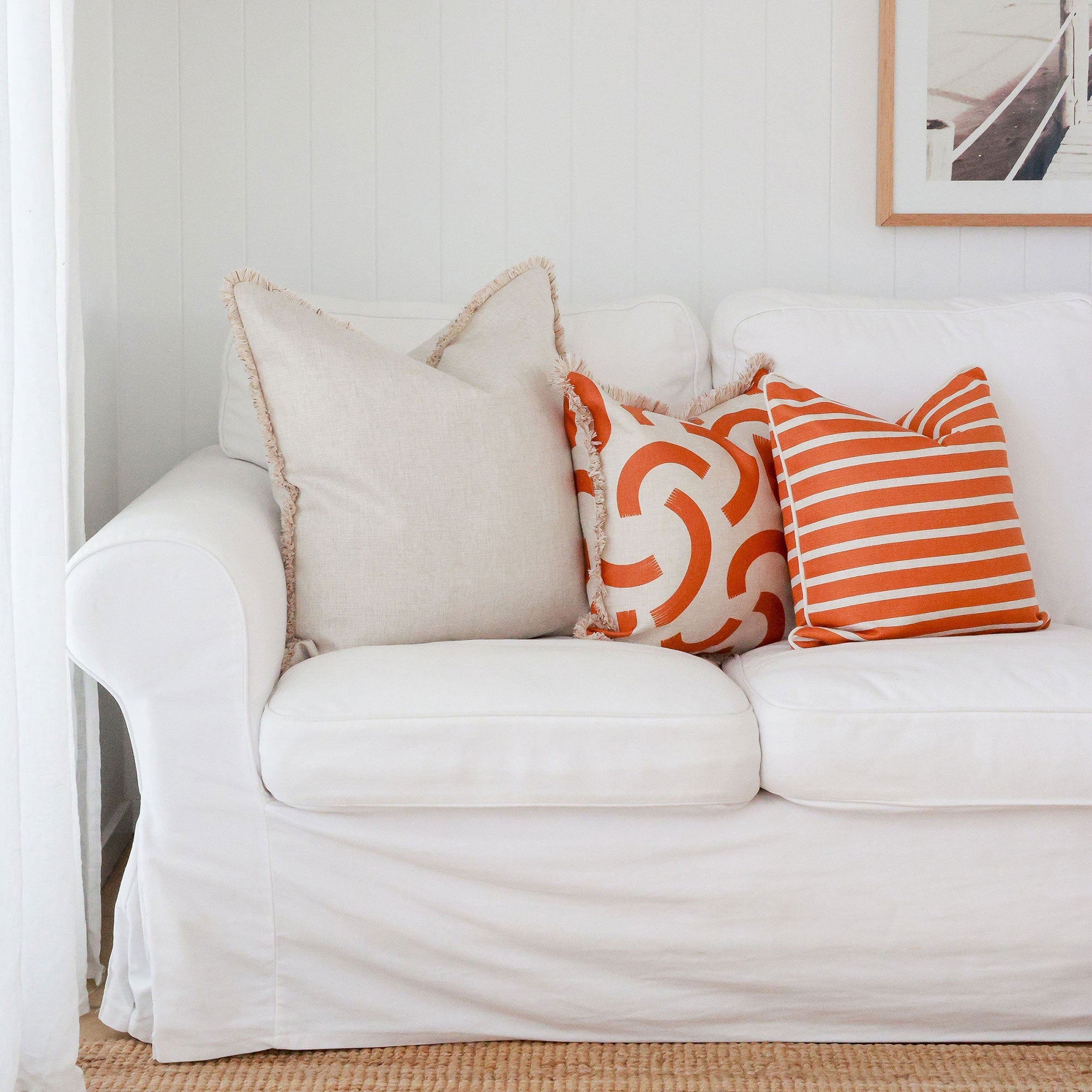 Cushion Cover-Coastal Fringe-Hampton Stripe Burnt Orange-45cm x 45cm-1