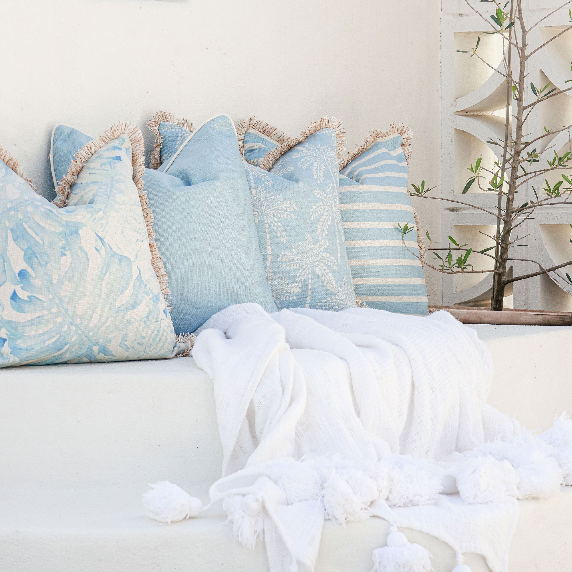 Cushion Cover-Coastal Fringe-Solid Pale Blue-60cm x 60cm-1