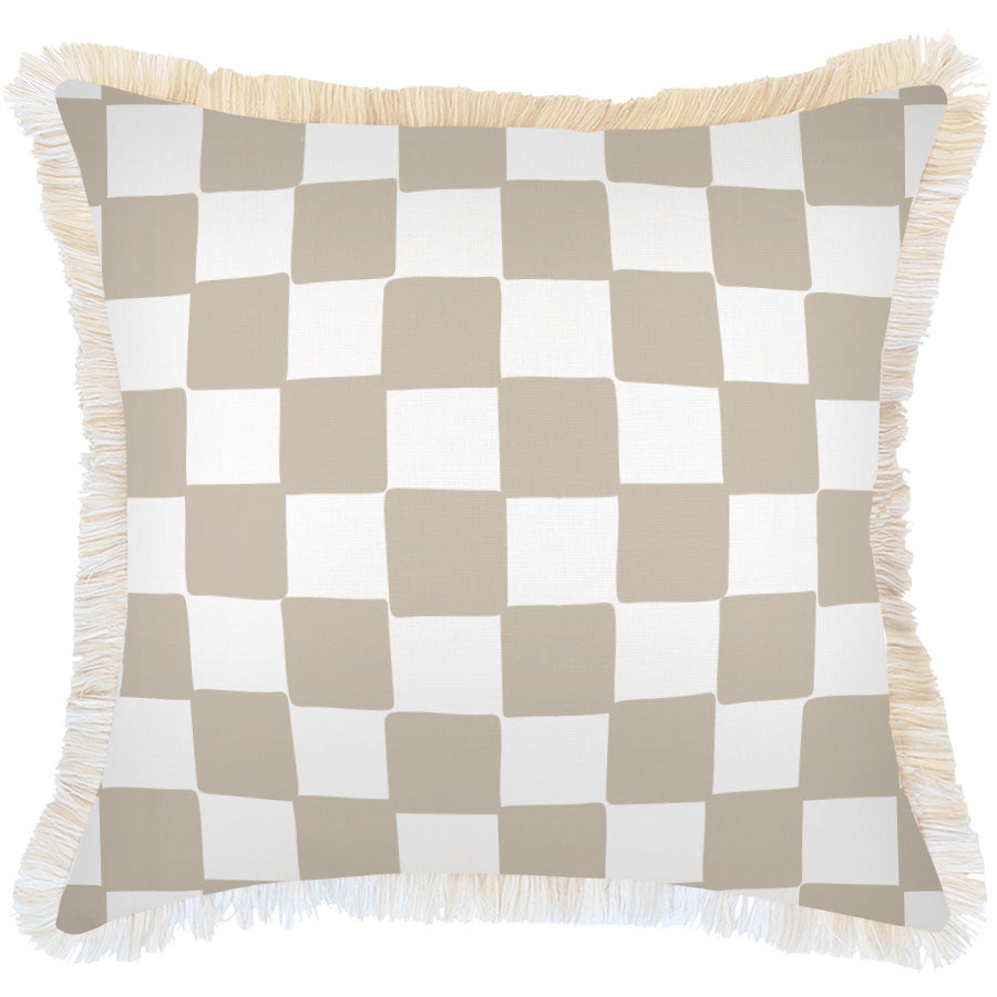 Cushion Cover-Coastal Fringe-Check Beige-60cm x 60cm-0