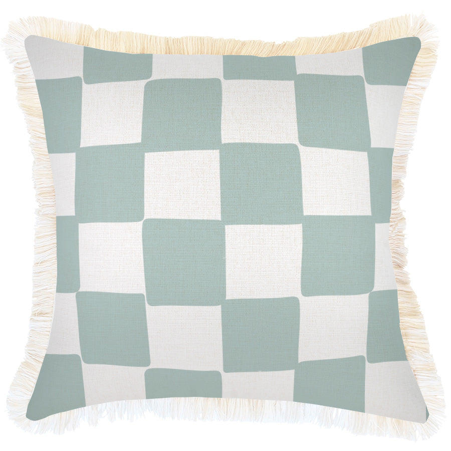 Cushion Cover-Coastal Fringe-Check Seafoam-45cm x 45cm-0