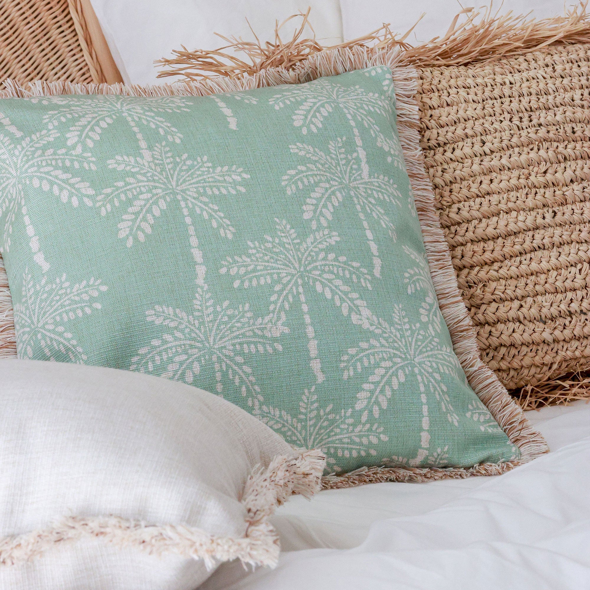 Cushion Cover-Coastal Fringe-Cabana Palms Seafoam-45cm x 45cm-1