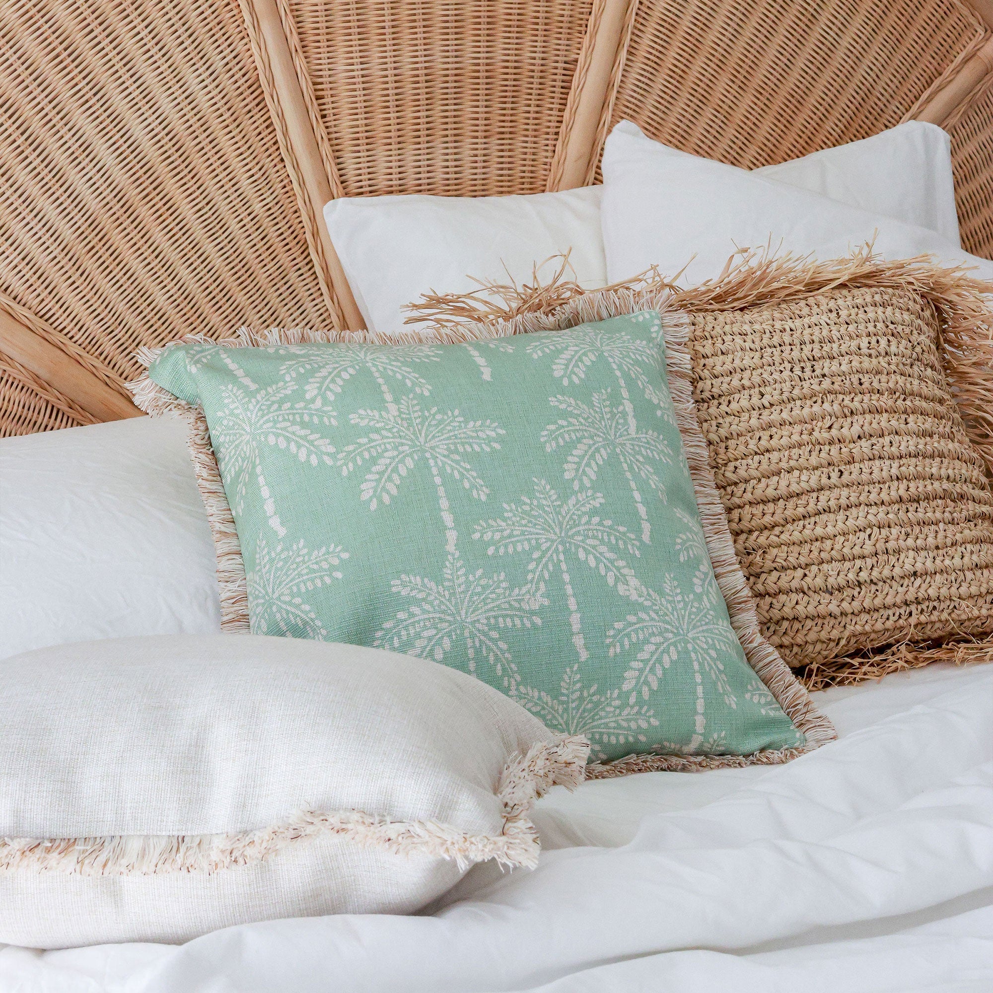 Cushion Cover-Coastal Fringe-Cabana Palms Seafoam-45cm x 45cm-3