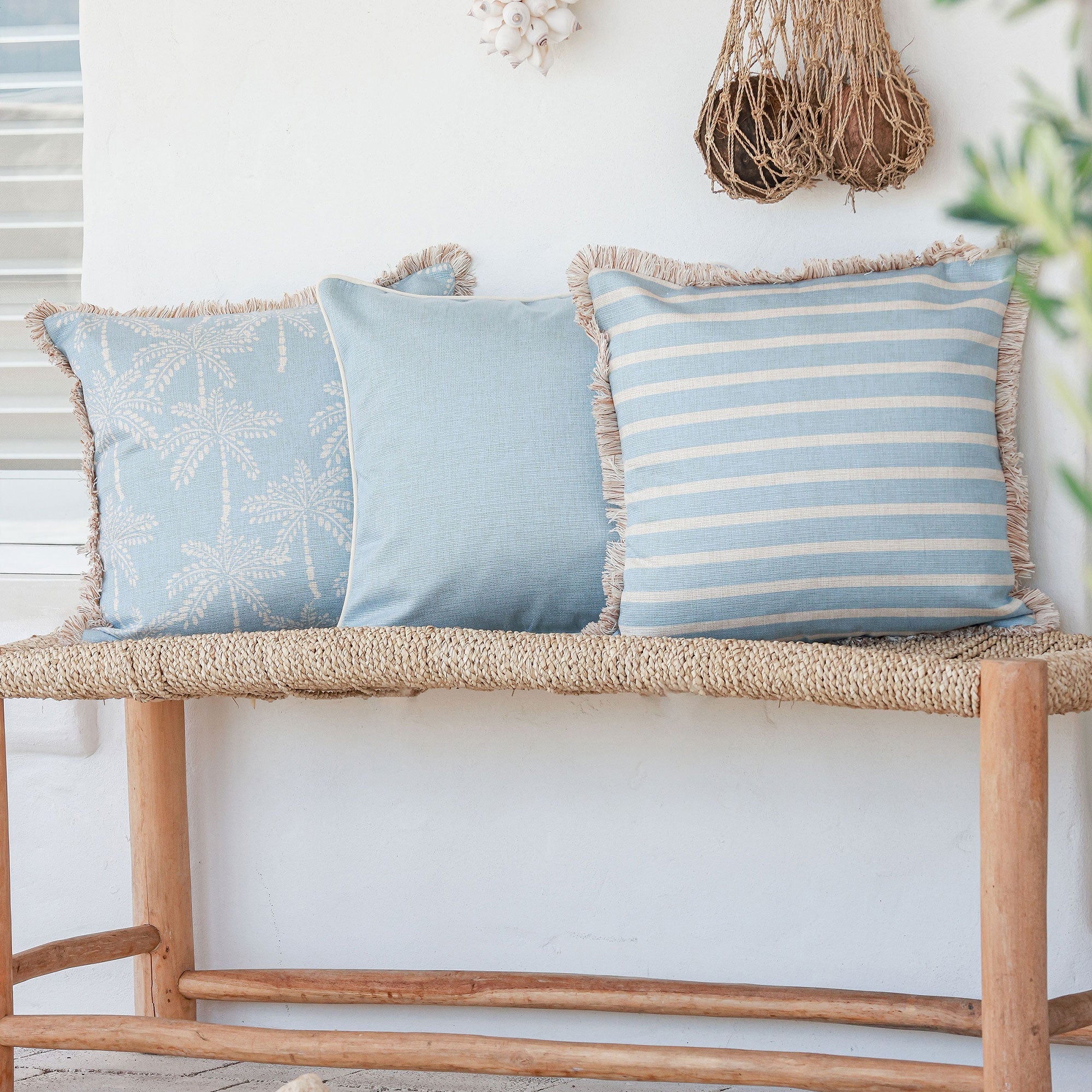 Cushion Cover-Coastal Fringe-Hampton Stripe Pale Blue-60cm x 60cm-2