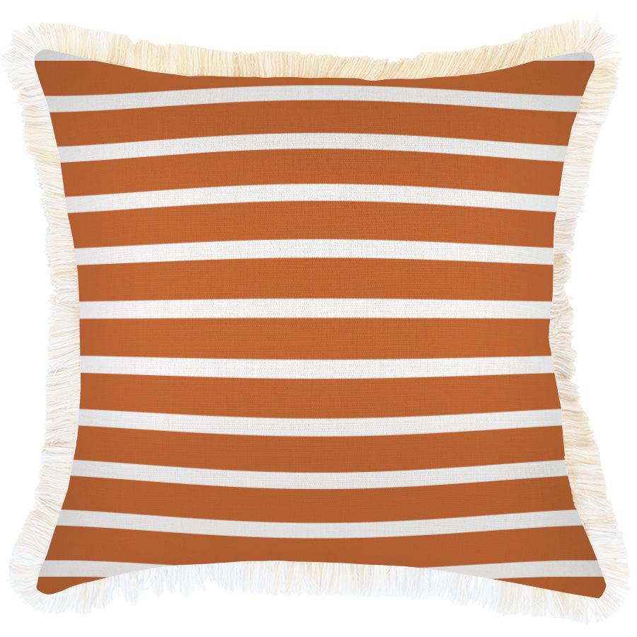 Cushion Cover-Coastal Fringe-Hampton Stripe Burnt Orange-45cm x 45cm-0