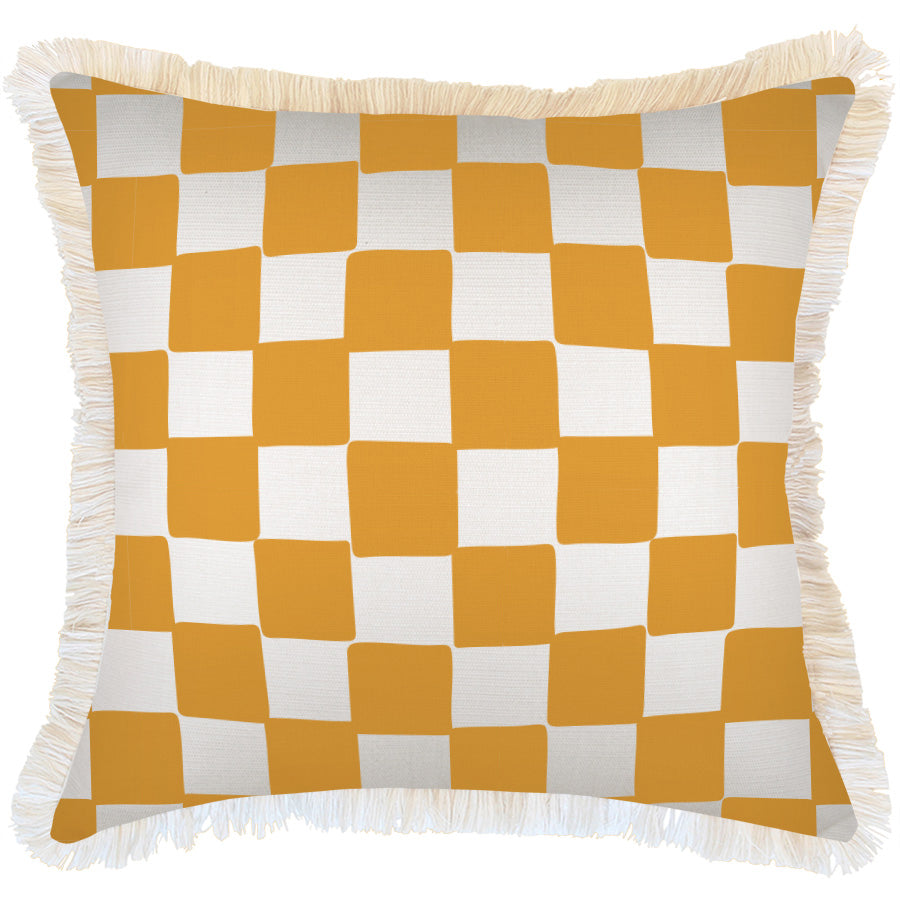 Cushion Cover-Coastal Fringe-Check Yellow White-60cm x 60cm-0