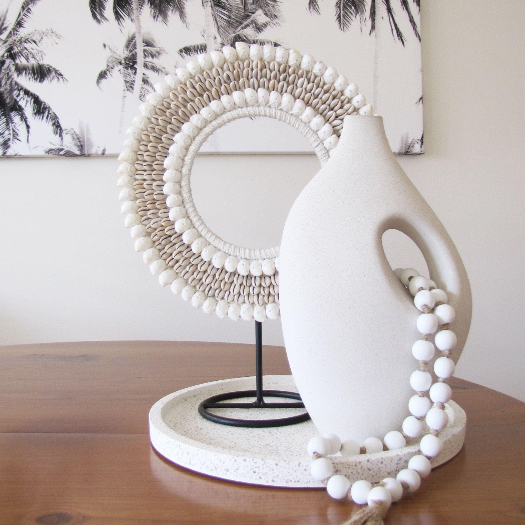 Tribal Shell Decor Stand-White and Beige Cowrie Shells-Medium - PRHOMZ