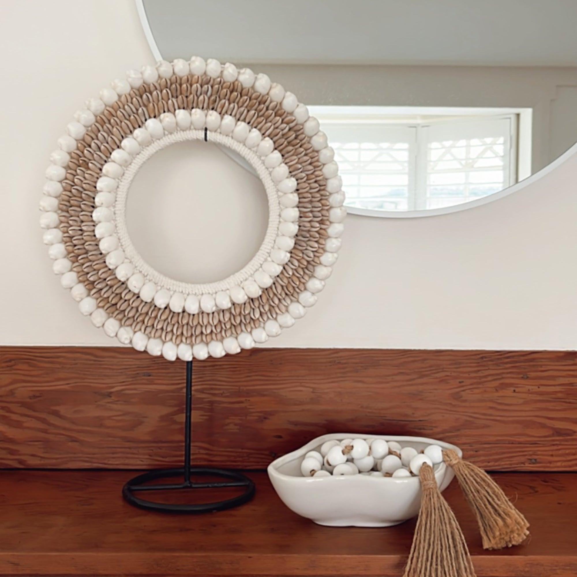 Tribal Shell Decor Stand-White and Beige Cowrie Shells-Medium - PRHOMZ