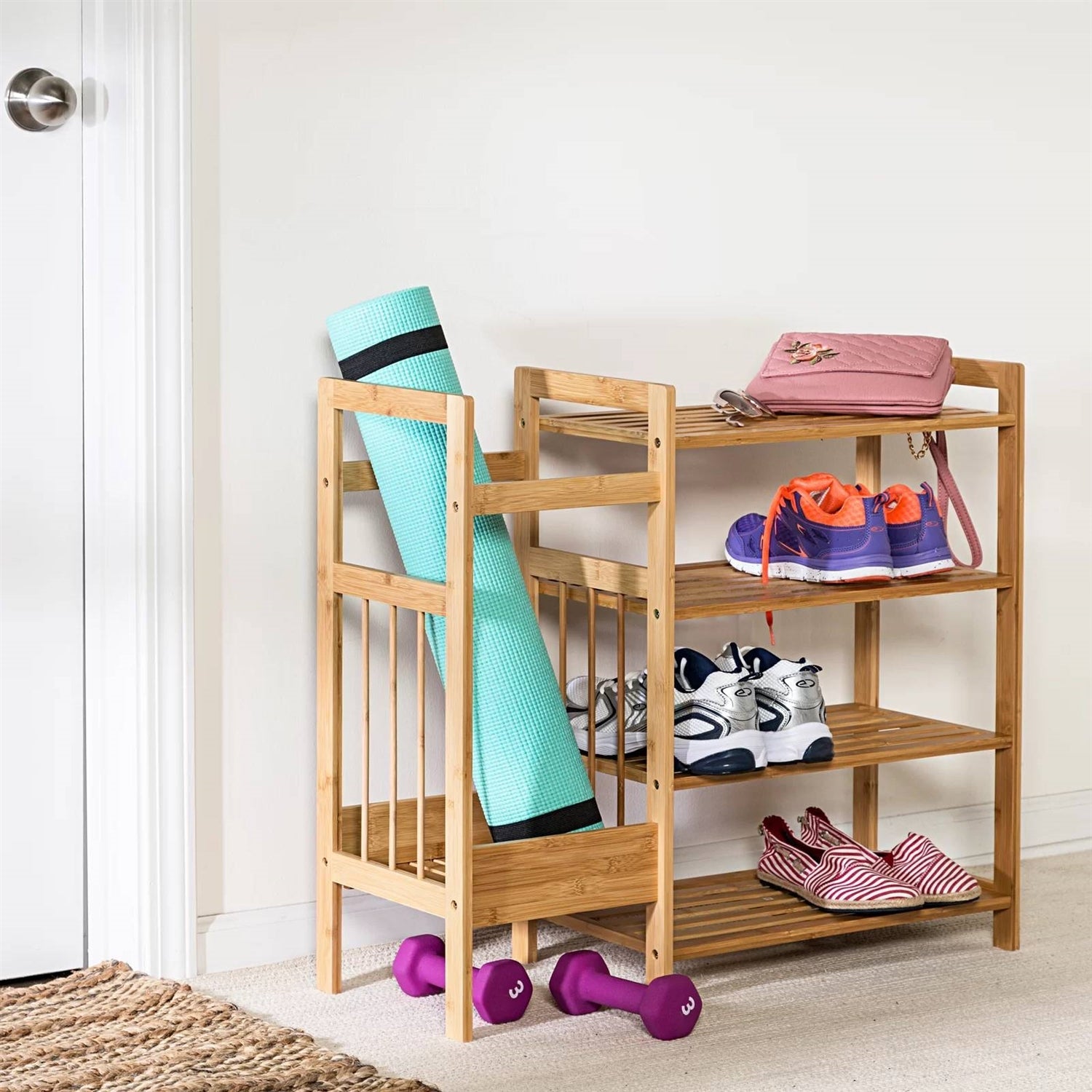 2-Shelf Entryway Shoe Rack Bench with Bla2-in-1 Entryway 4-Shelf Bamboo Shoe Rack and Umbrella Holderck Metal Frame and Brown Wood Top-1