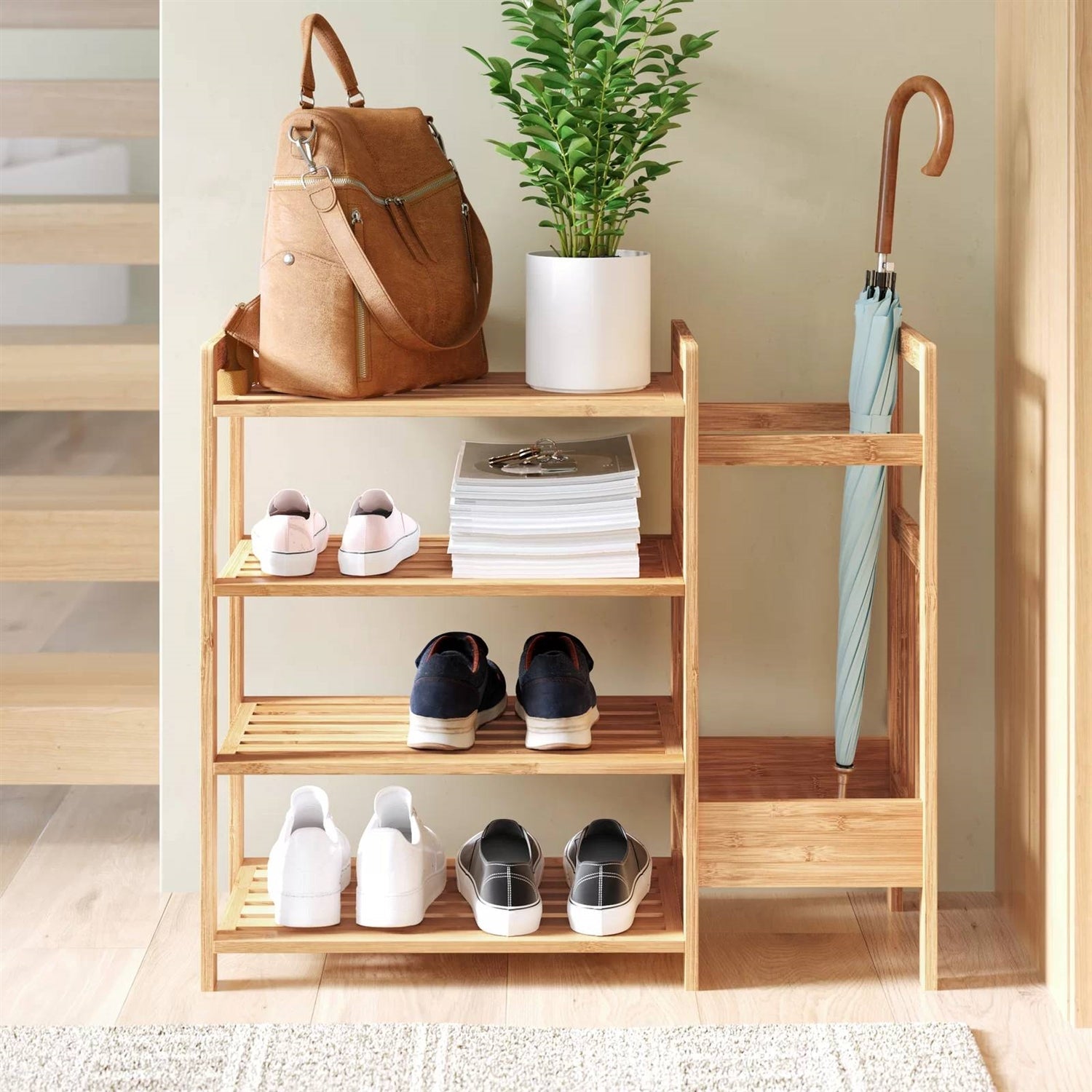 2-Shelf Entryway Shoe Rack Bench with Bla2-in-1 Entryway 4-Shelf Bamboo Shoe Rack and Umbrella Holderck Metal Frame and Brown Wood Top-2