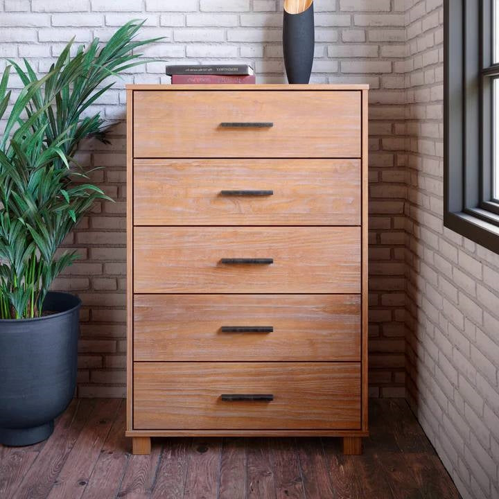 Modern Farmhouse Solid Wood 5 Drawer Bedroom Chest in Light Brown Finish-2