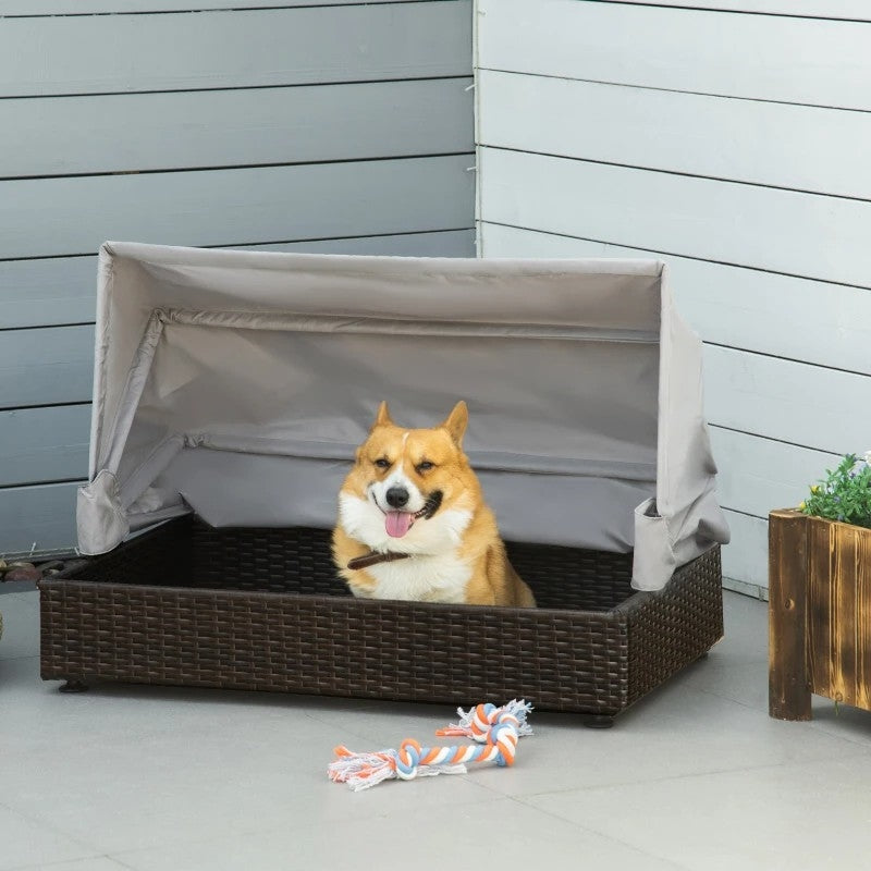 Espresso Wicker Foldable Canopy Raised Dog Bed House with 2 in Thick Cushion-1