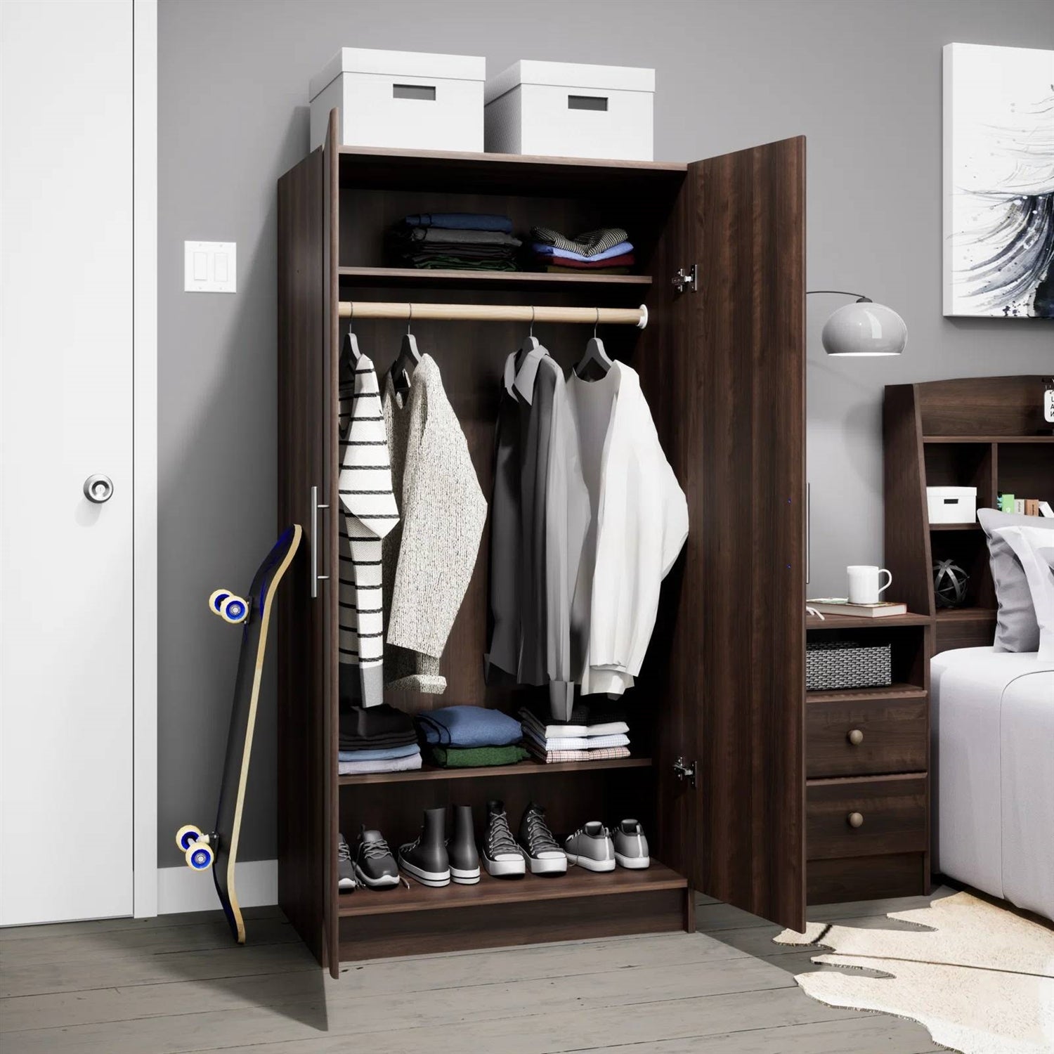 Bedroom Armoire Wardrobe Cabinet with Hanging Rail in Dark Brown Wood Finish-1