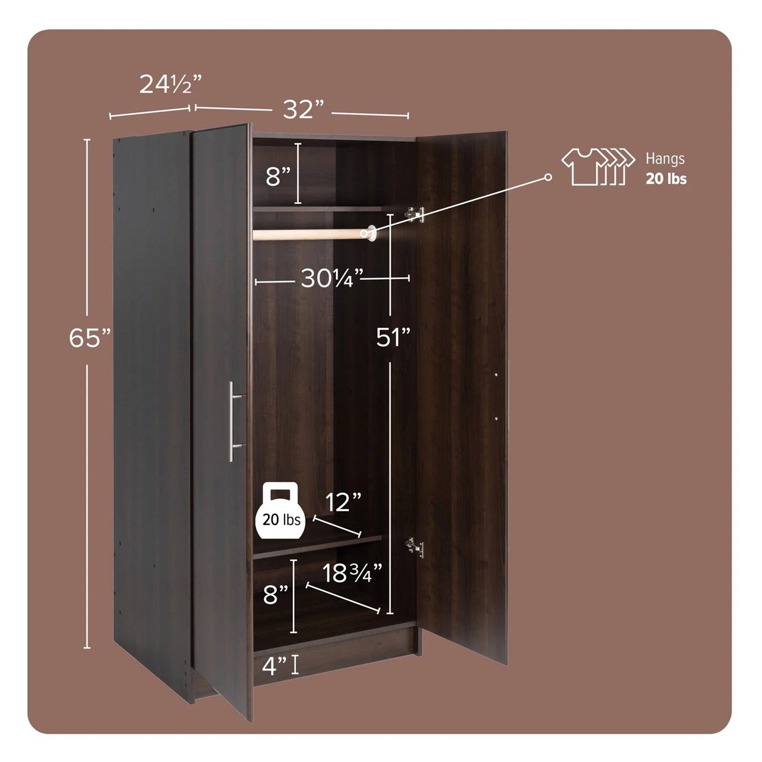 Bedroom Armoire Wardrobe Cabinet with Hanging Rail in Dark Brown Wood Finish-4