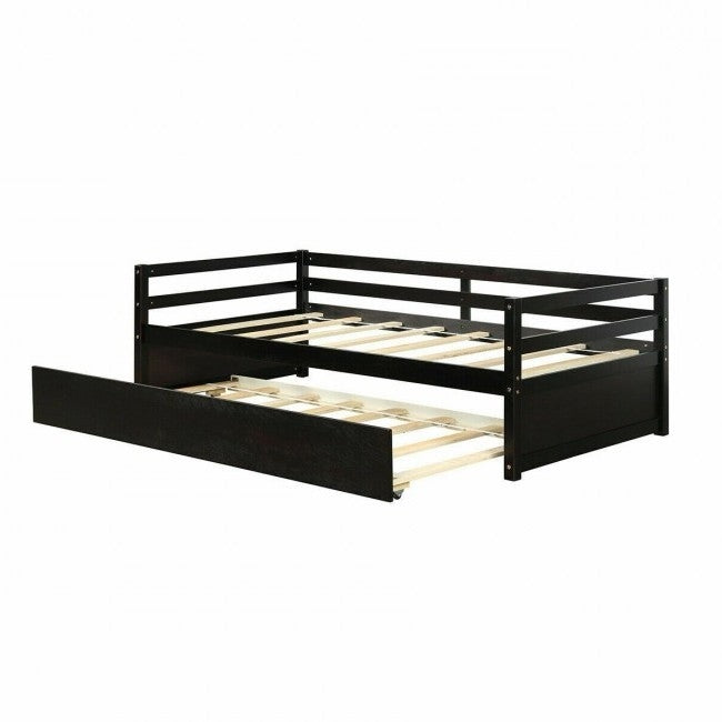 Twin/Twin Dorm Style Trundle Daybed Platform Bed Frame in Espresso-0