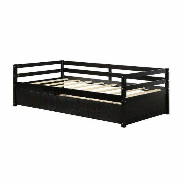 Twin/Twin Dorm Style Trundle Daybed Platform Bed Frame in Espresso-1