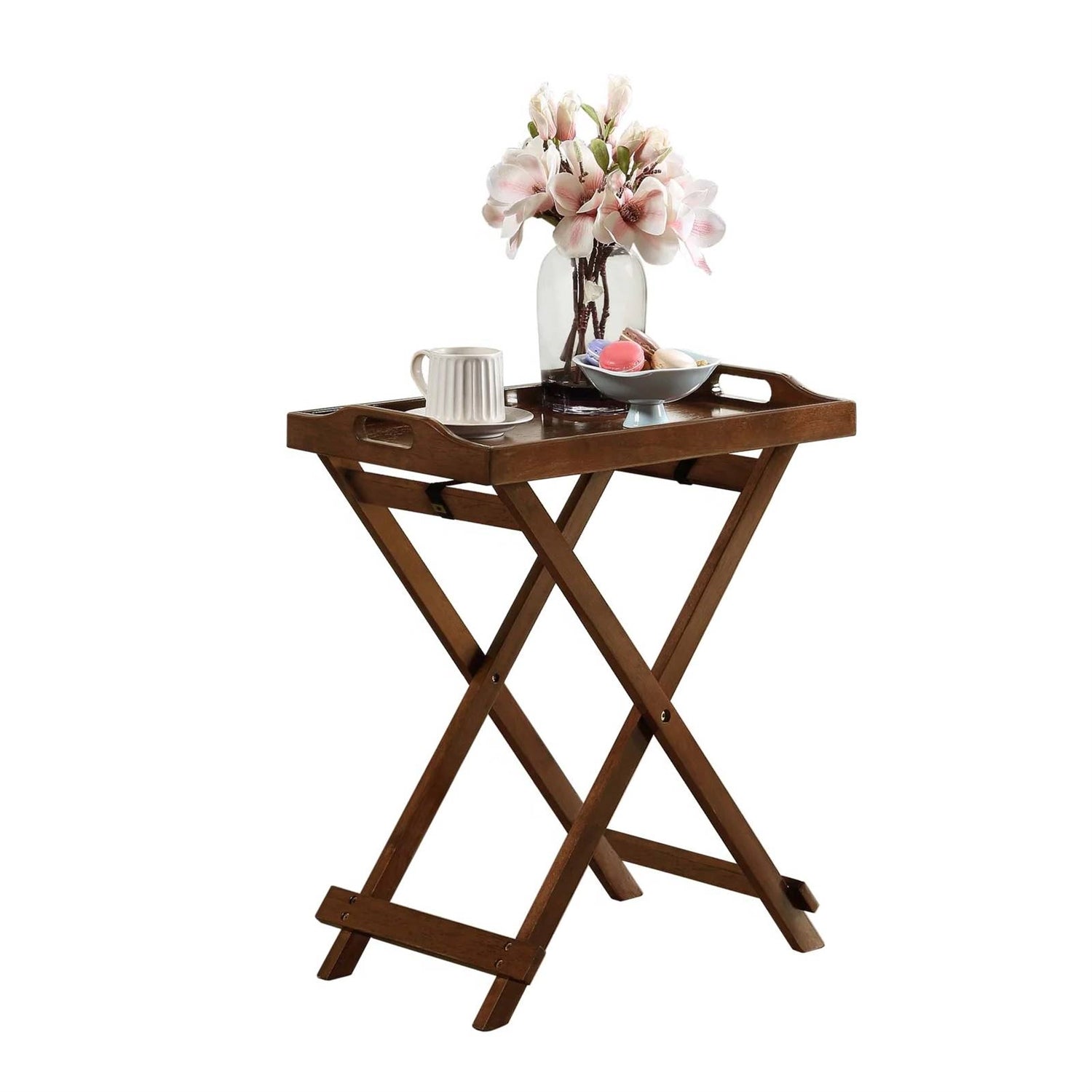 Folding TV Tray Bedside Table in Dark Brown Espresso Wood Finish-1