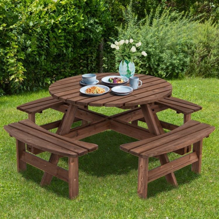 8-Set Outdoor Solid Wood Round Picnic Table with 4 Benches Patio Garden Dining Set-1