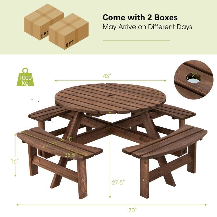 8-Set Outdoor Solid Wood Round Picnic Table with 4 Benches Patio Garden Dining Set-4