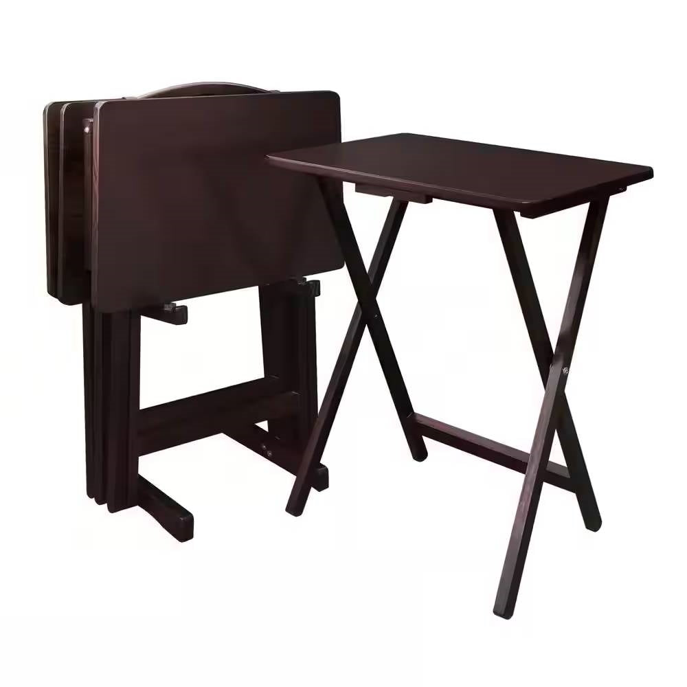 Set of 4 - Folding TV Tray Table Set with Stand in Dark Brown Wood Finish-0