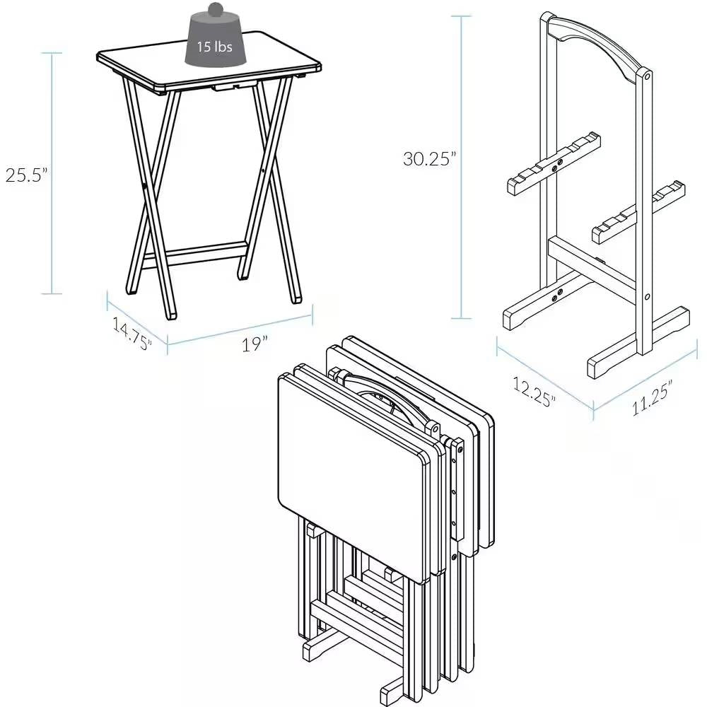 Set of 4 - Folding TV Tray Table Set with Stand in Dark Brown Wood Finish-4