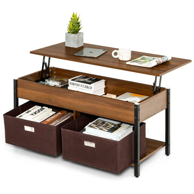 FarmHouse Brown Lift-Top Multi Purpose Coffee Table with 2 Storage Drawers Bins-0