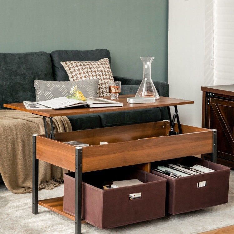 FarmHouse Brown Lift-Top Multi Purpose Coffee Table with 2 Storage Drawers Bins-2