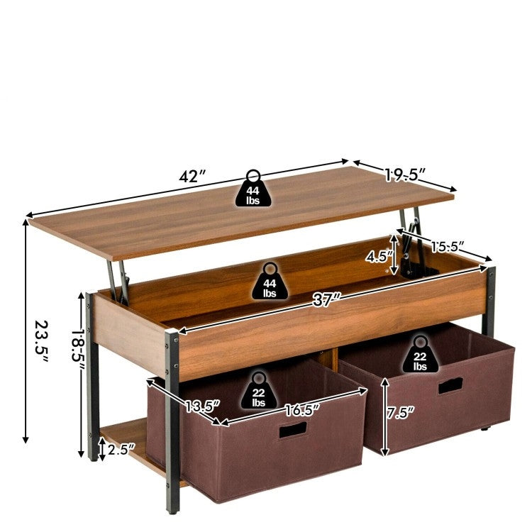 FarmHouse Brown Lift-Top Multi Purpose Coffee Table with 2 Storage Drawers Bins-3