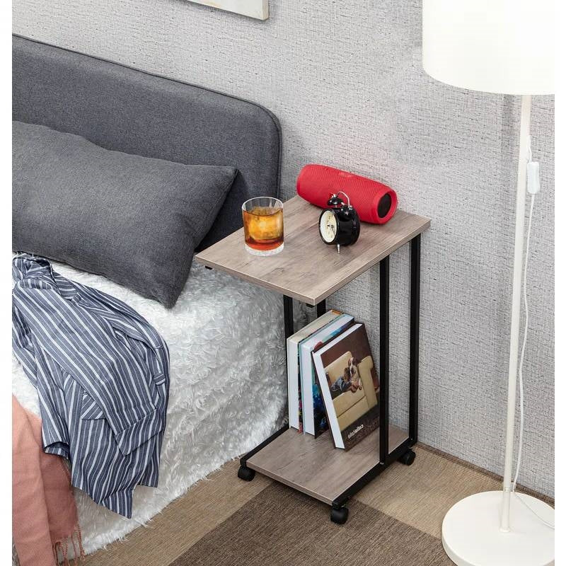 Modern Industrial Style Metal Wood TV Tray Bedside Table with Removable Casters-1