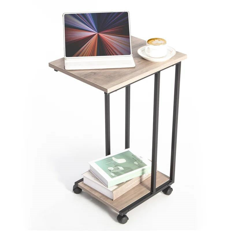 Modern Industrial Style Metal Wood TV Tray Bedside Table with Removable Casters-2