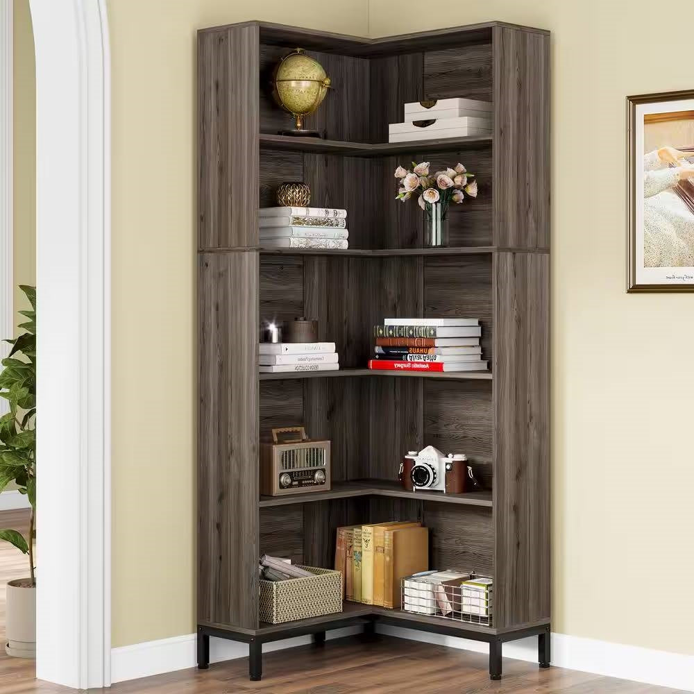 71-inch High Corner Bookcase Bookshelf in Dark Gray Wood Finish-0