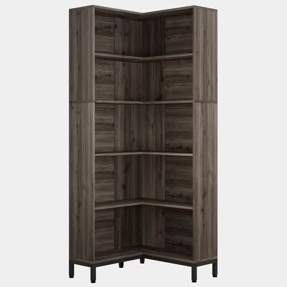 71-inch High Corner Bookcase Bookshelf in Dark Gray Wood Finish-1