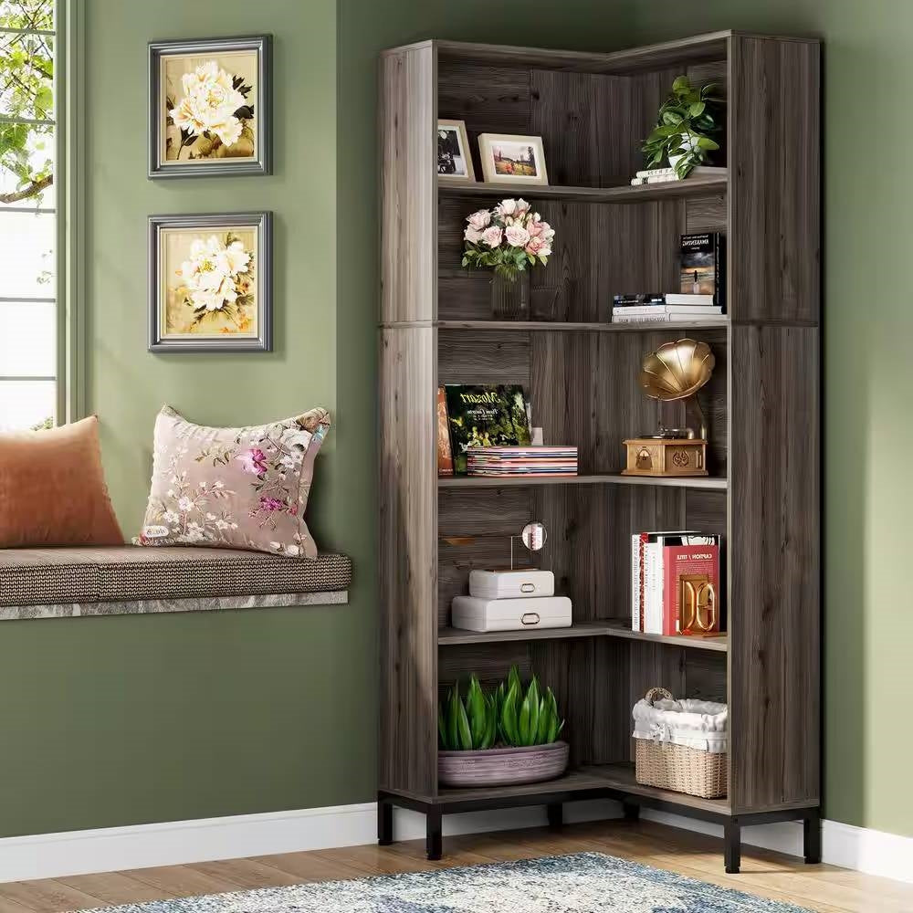 71-inch High Corner Bookcase Bookshelf in Dark Gray Wood Finish-2