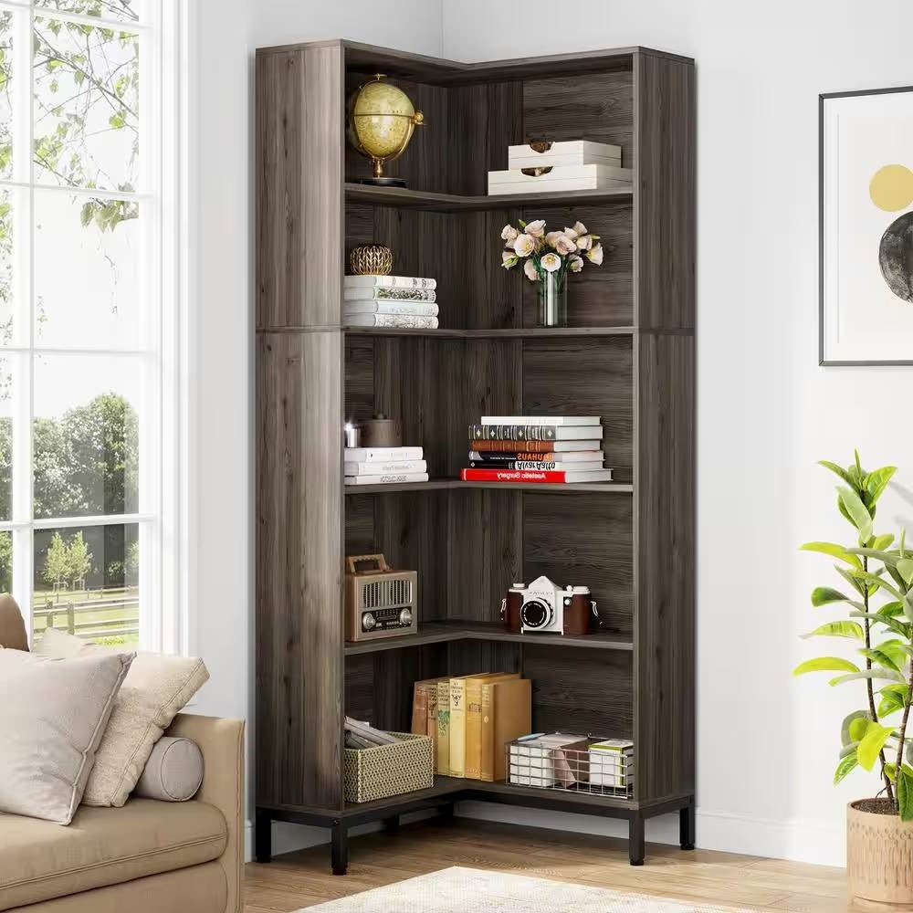 71-inch High Corner Bookcase Bookshelf in Dark Gray Wood Finish-3