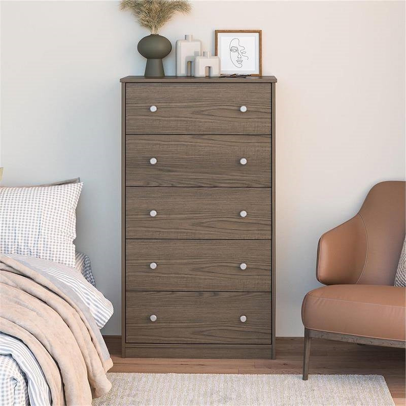 Modern 5-Drawer Bedroom Chest in Rustic Grey Brown Wood Finish-2