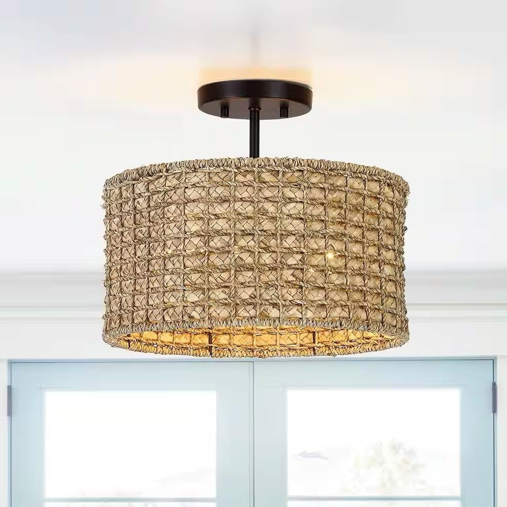 Bohemian 13.6-inch Round Rattan Drum 2-Light Ceiling Light - Semi-Flush Mount-0