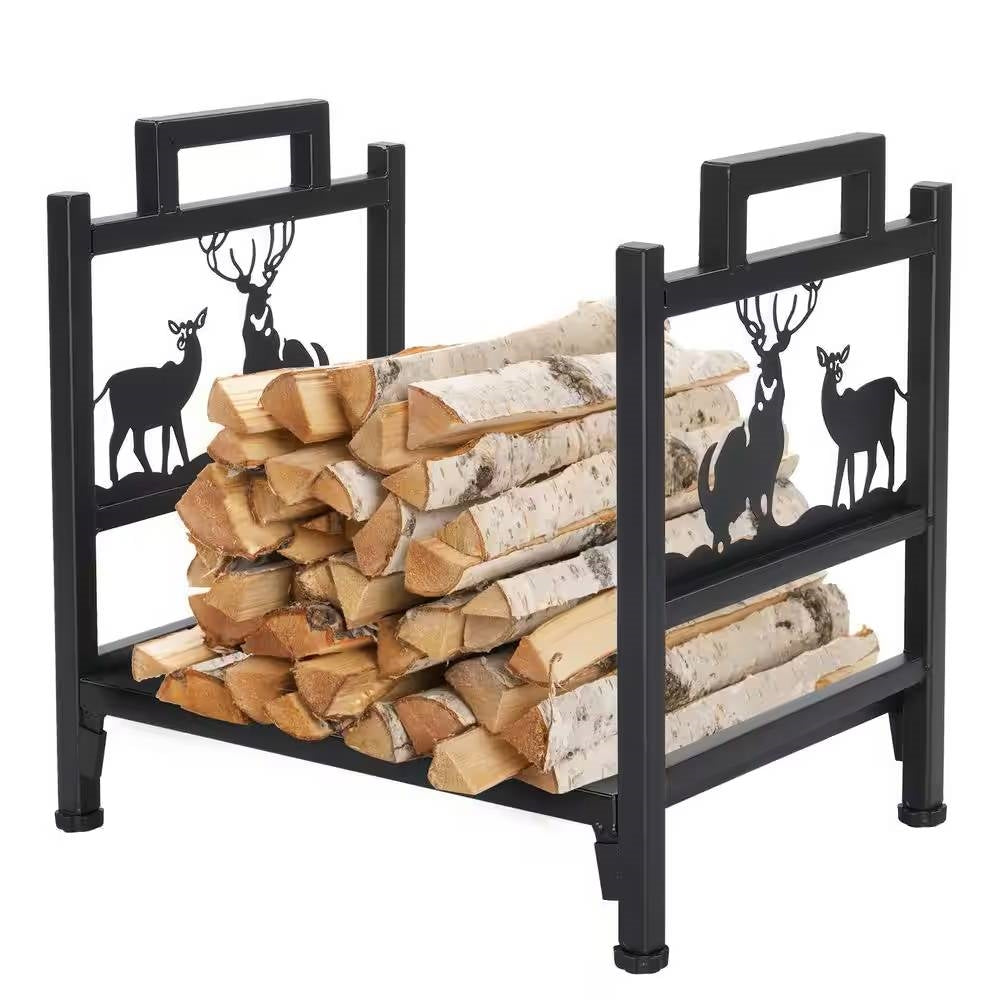 1.5 Ft. Black Metal Firewood Log Rack with Deer Pattern-0