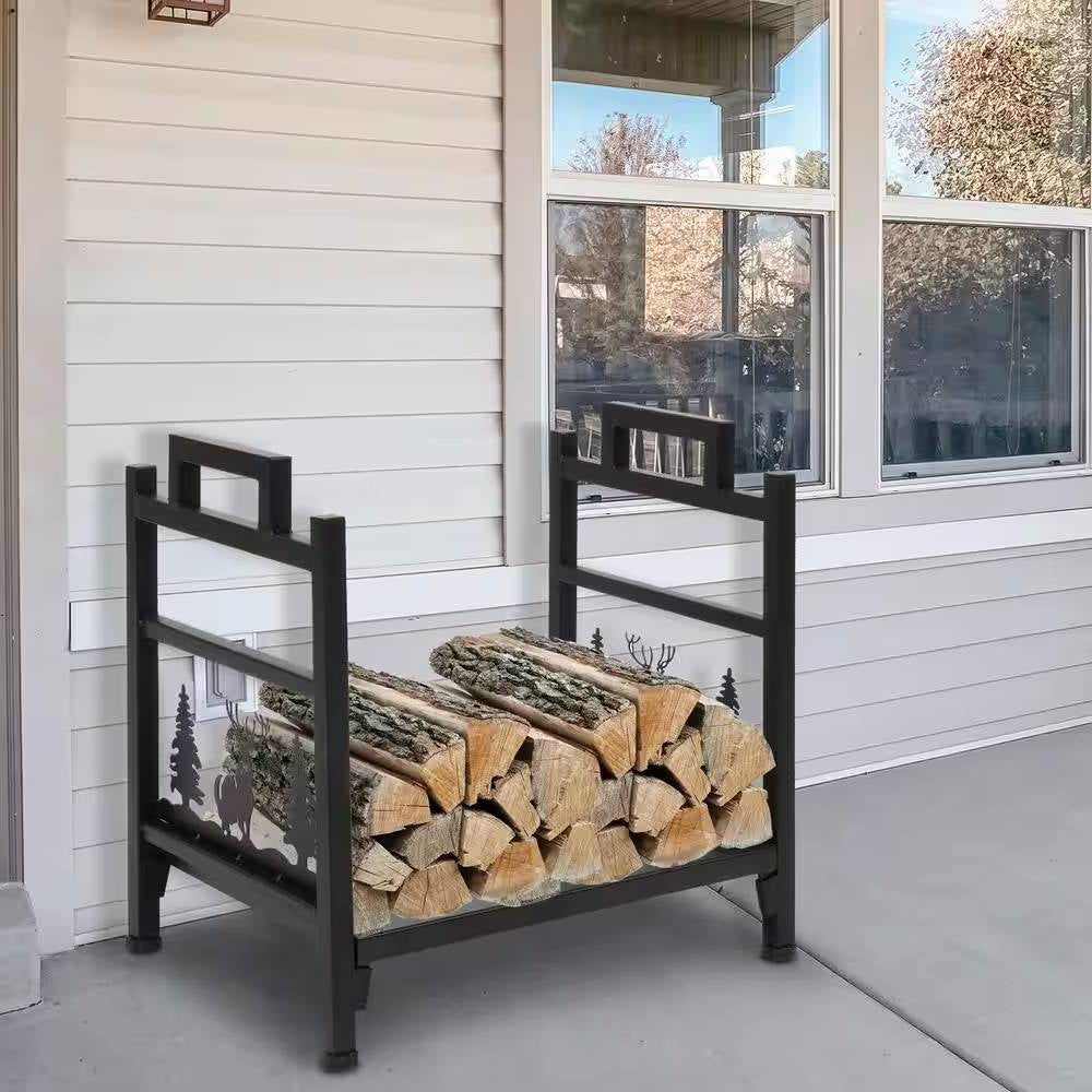 1.5 Ft. Black Metal Firewood Log Rack with Deer Pattern-1