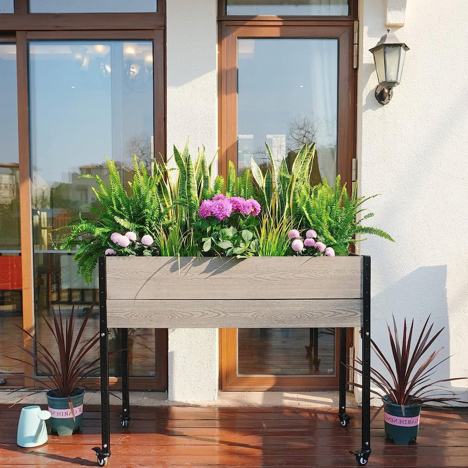 Mobile Elevated Gray and Black Wood Metal Raised Garden Planter Bed with Wheels-1