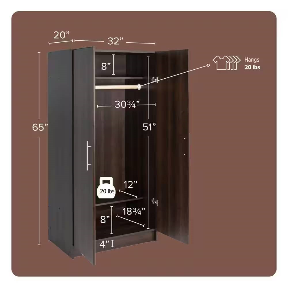 Bedroom Armoire Wardrobe Cabinet Closet with Hanging Rail in Brown Wood Finish-4