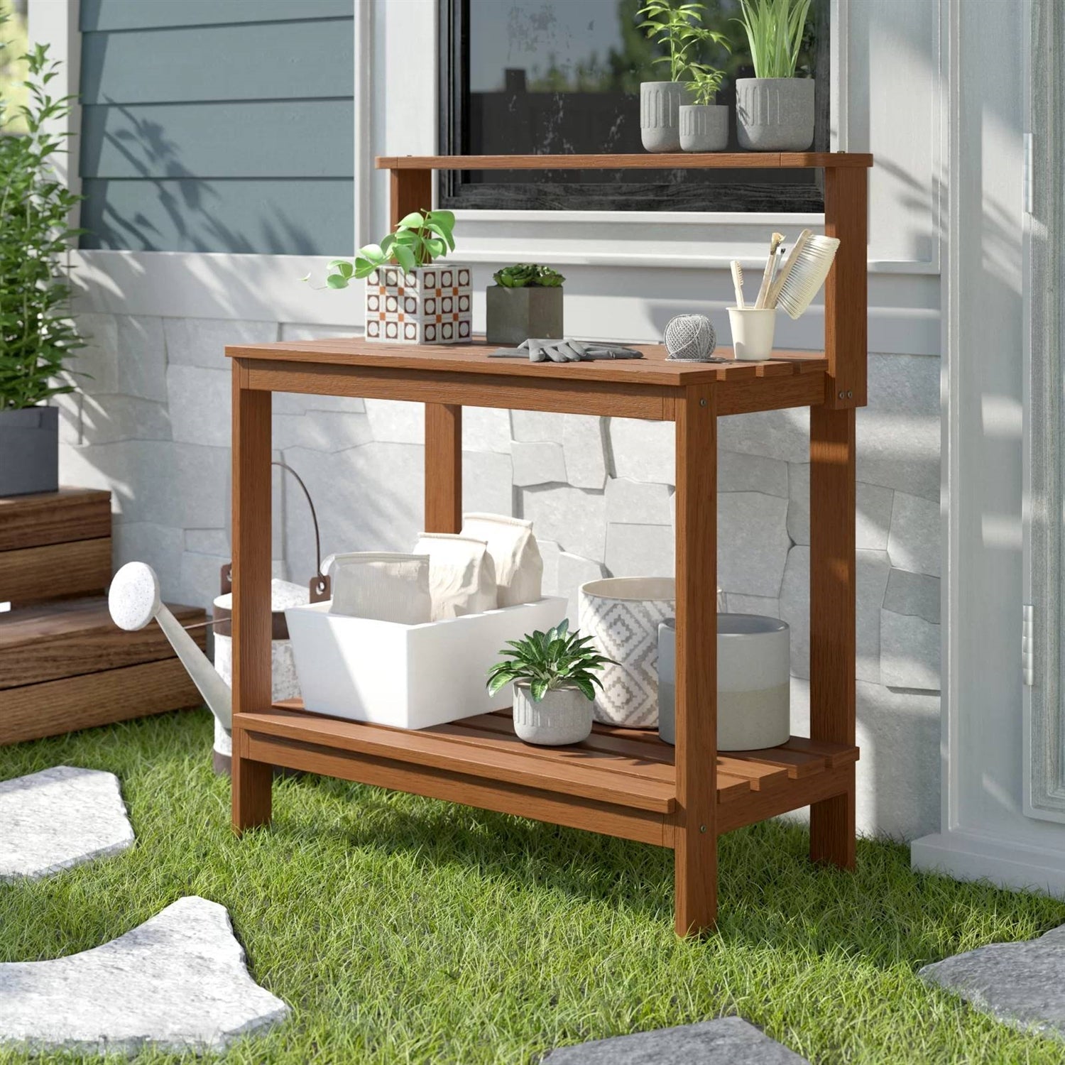 Solid Meranti Wood Outdoor Garden Potting Bench Table with Bottom Shelf-2